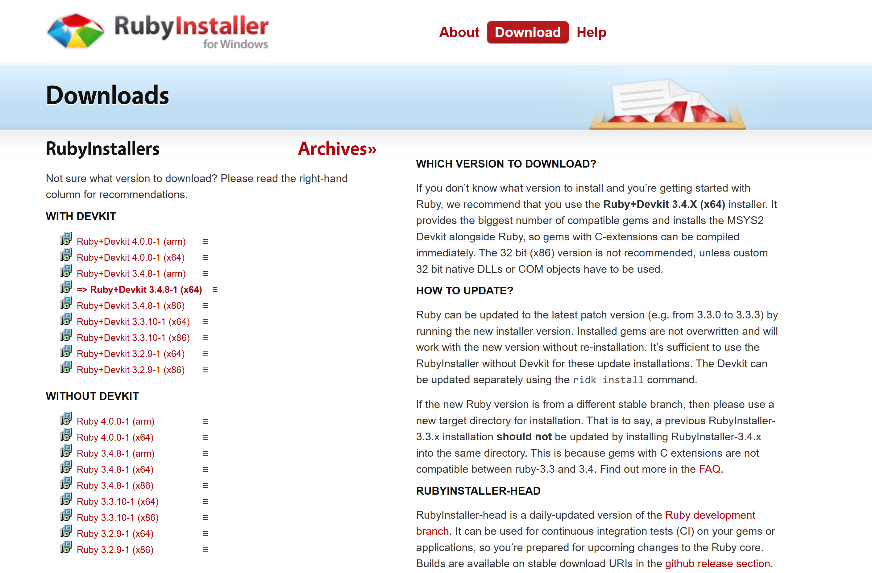 Windows 版 RubyInstaller 下载页面