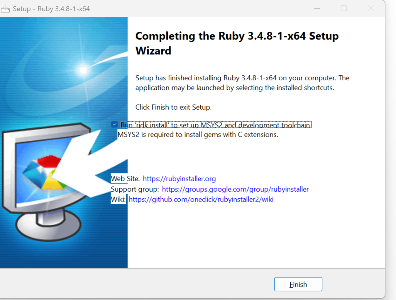 完成 Ruby 安装向导并勾选 ridk install